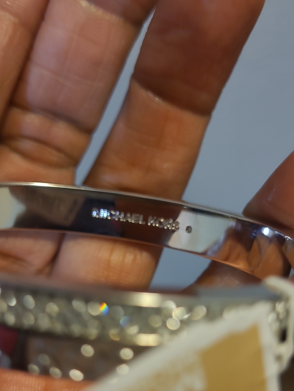 Michael Kors Silver Crystal Logo Hinged Bangle - Silver - Picture 4 of 6